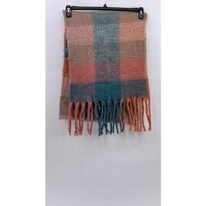 UNBRANDED Women's Peach-Blue Plaid Flannel Fringed Scarf